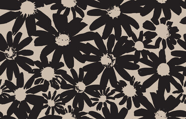 Seamless black and grey floral background with flowers. Minimal abstract organic shapes pattern. Vector grey abstact pattern with black flowers