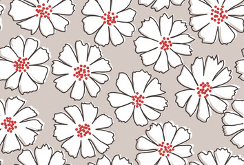Floral organic shape with seamless background. Simple abstract flowers pattern. Modern printing in grey and white. Ideal for textile design, wallpaper, cards, posters and decoration.