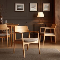 Obraz premium Modern Minimalist Dining Room - Natural Wood Chairs, Warm Lighting, and Elegant Interior Design.