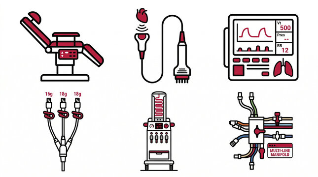 Set of 6 Flat Cardiac Anesthesia and Patient Setup Icons on White Background