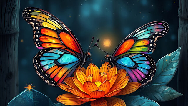 Flamboyant butterfly, crystal flower, mystic background and a marble