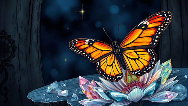 Flamboyant butterfly, crystal flower, mystic background and a marble