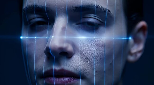 Futuristic facial recognition system scanning and mapping a young man's face