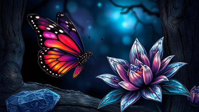 Flamboyant butterfly, crystal flower, mystic background and a marble