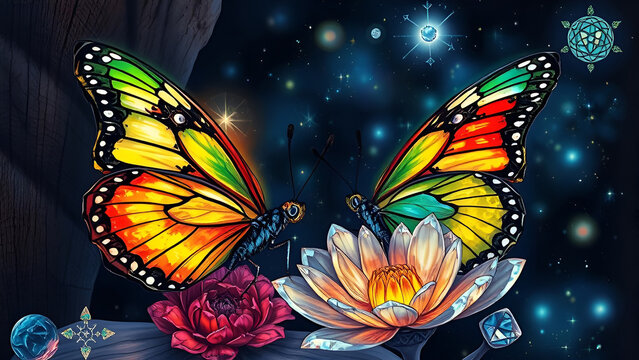 Flamboyant butterfly, crystal flower, mystic background and a marble