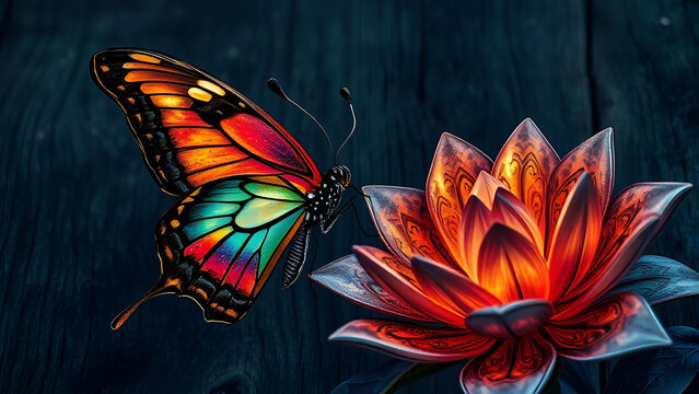 Flamboyant butterfly, crystal flower, mystic background and a marble