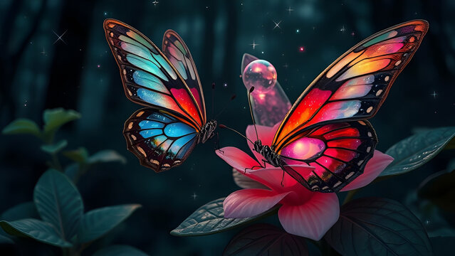 Flamboyant butterfly, crystal flower, mystic background and a marble