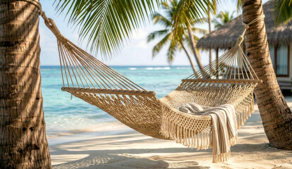 Relaxing hammock strung between palm trees on a tropical beach with turquoise ocean waves