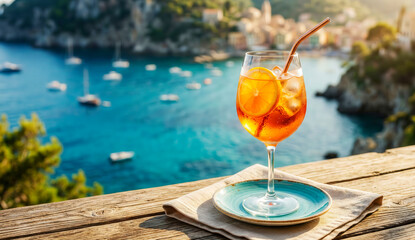 Enjoying a refreshing aperitif with a stunning coastal village view and sparkling blue sea