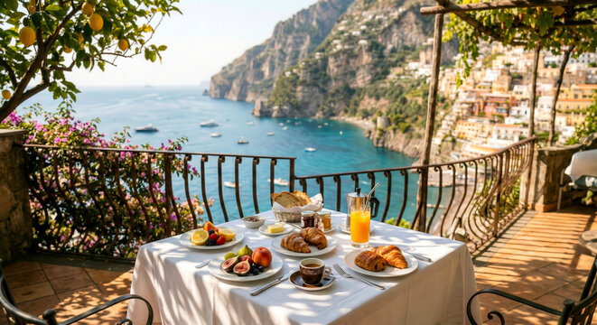 Romantic Italian breakfast on a terrace overlooking the sea and Positano