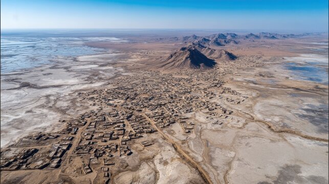High-altitude drone shot of Sistan and Baluchestan Province in Iran, desert plateau landscape, salt flats, remote settlements
