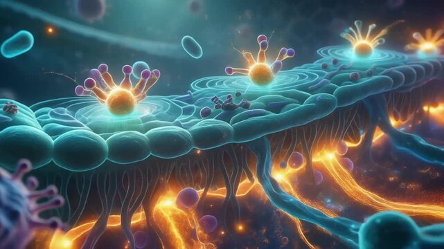 Cinematic Chemokine Receptor Activation Scene with Bioluminescent Molecules and Cellular Structures