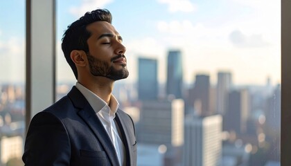 Fototapeta premium Businessman Looking Out Office Window at City 1.