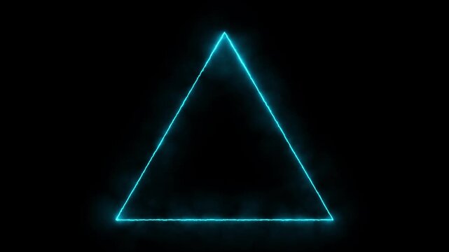 Cyan neon glowing triangle frame flickering on black background with smoke motion effects