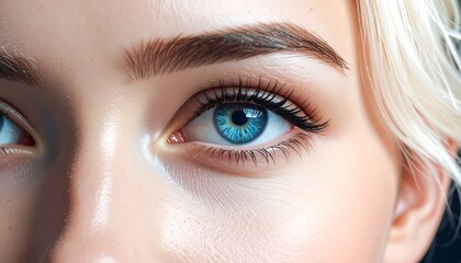 Fototapeta premium Closeup of a womans blue eyes with mascara and eyebrow.