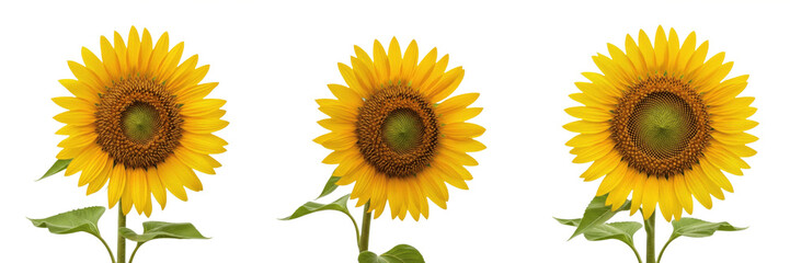Set of Radiant Yellow Sunflowers: Vibrant Summer Blooms with Golden Petals and Green Leaves PNG