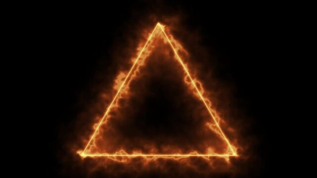 Fiery glowing triangle border with smoke effect on black background dynamic motion