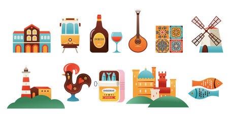 Portugal attractions, landmarks and symbols colorful icons collection. © Marina Zlochin