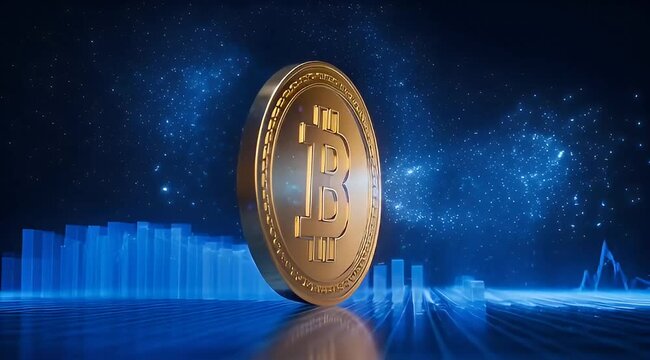 Golden Bitcoin with abstract blue chart background symbolizing cryptocurrency success