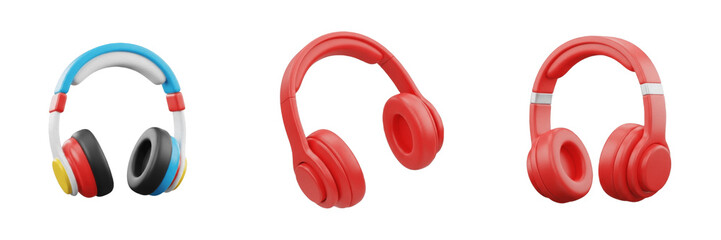 Set of 3D Stylized Headphones: Realistic Isometric Red Wireless Headsets and Colorful Over-Ear Audio Gear for Music and Gaming PNG