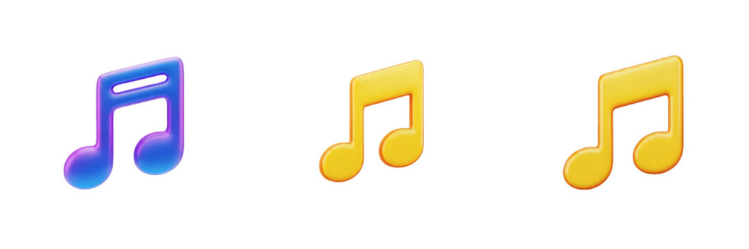 Set of 3D Stylized Music Note Icons: Vibrant Isometric Blue, Purple, and Yellow Quaver Symbols for Audio and Entertainment Design PNG