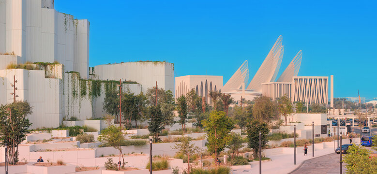 6 December 2025, Abu Dhabi, UAE: Abrahamic Family House complex showcasing the Mosque, Synagogue, and Church, with Zayed National Museum in background