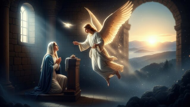 The holy Annunciation: Archangel Gabriel brings divine tidings to the Virgin Mary announcing the Savior Jesus Christ for all mankind
