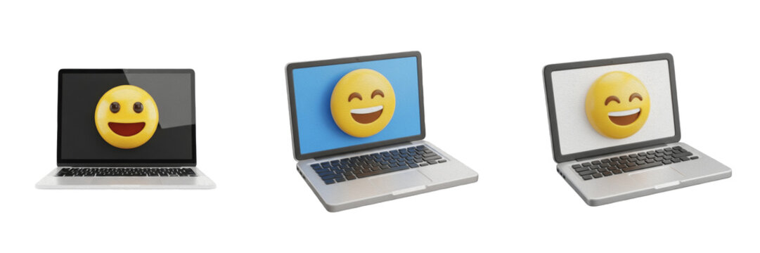 Set of 3D Stylized Laptop Icons: Realistic Isometric Notebook Computers with Cheerful Emoji Faces on Screen for Tech Graphics PNG