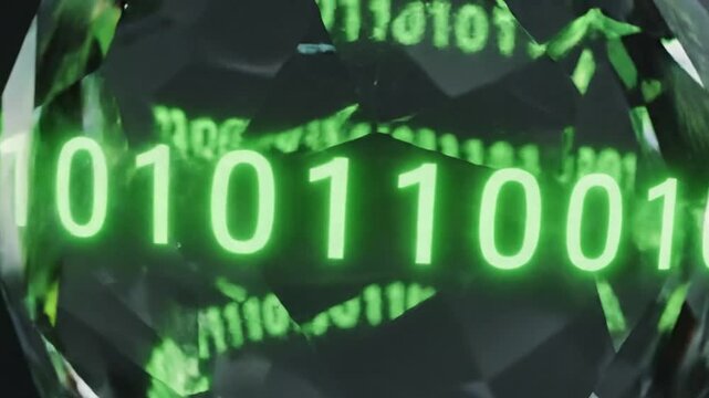 Abstract Green Binary Code Reflecting in Crystal Facets, Digital Data Concept