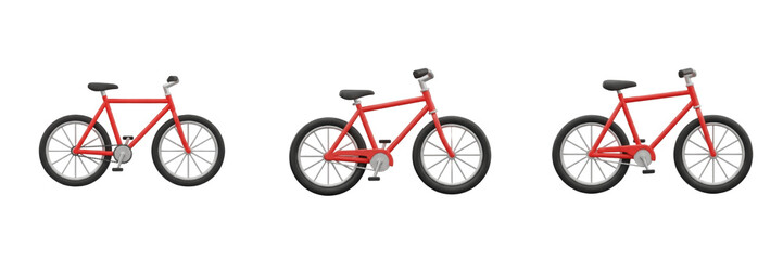 Fototapeta premium Set of 3D Stylized Red Bicycles: Realistic Isometric Mountain Bikes and City Cycles for Active Lifestyle Graphics PNG