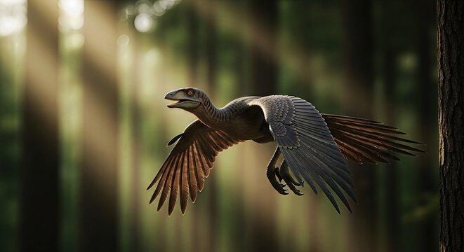 A Microraptor, a small feathered dinosaur, soars through a dense forest during the daytime. Sunlight filters down through the tall trees. The dinosaur has wings spread wide