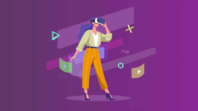 video animation motion graphic. Woman Exploring Virtual World Concept. 2d flat cartoon stock footage 4k high quality
