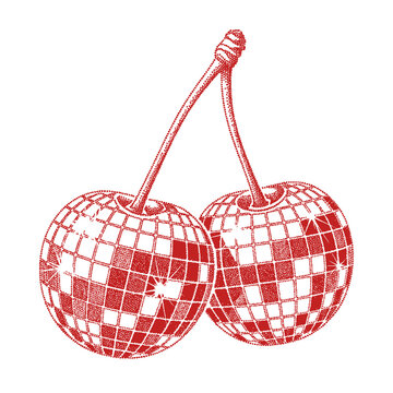 two disco ball cherries in red retro halftone stipple effect style illustration