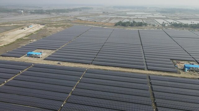 Aerial View of Large Solar Power Plant with Photovoltaic Panels in Bangladesh