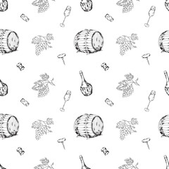 Naklejka premium Seamless wine pattern with hand drawn vineyard, bottles, barrel, corkscrew and glasses in vintage engraving style. Monochrome winery repeat background for textile, wrapping paper and packaging design.