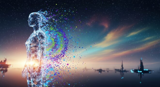 Abstract figure disintegrating into pixelated noise within a vast cosmic sci-fi landscape, symbolizing the fragile nature of self and reality, digital art, conceptual, data
