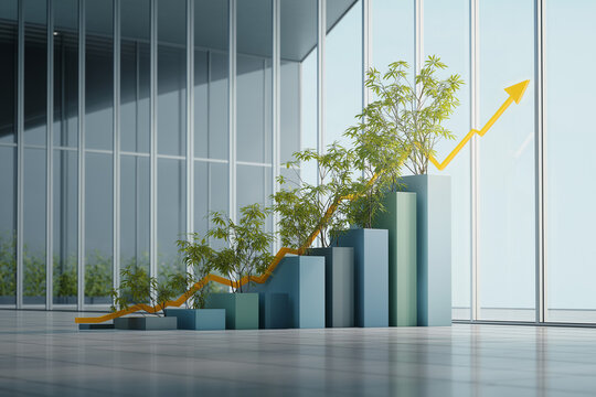 Green plants grow on an increasing bar graph in a modern office environment.