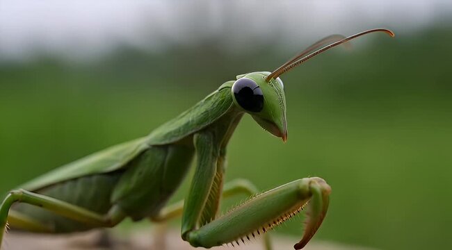 Close-up macro shot of a vibrant green praying mantis insect, predatory arthropod with detailed anatomy, natural habitat background