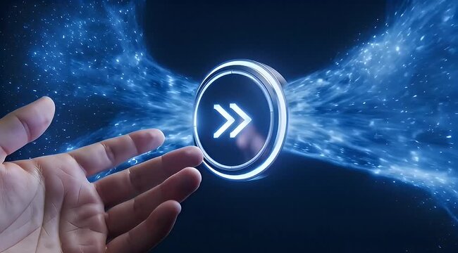 Futuristic digital button with fast forward symbol on a flowing blue background