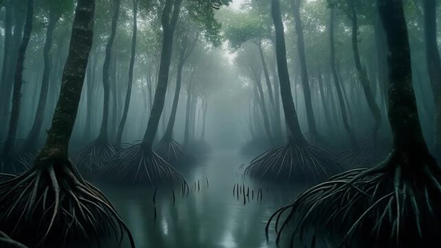 Misty Mangrove Forest with Reflections.