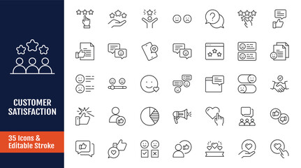 Customer satisfaction icon set. Icons related to feedback, reviews, ratings, trust, survey, emotions, and support and more. Outline icon with Editable stroke. Vector illustration