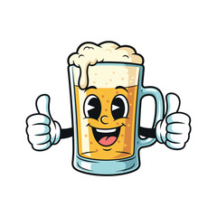 Retro cartoon beer mug character giving double thumbs up, vintage 1930s rubber hose style vector illustration of a happy glass of lager with foam