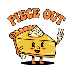 Retro cartoon slice of pumpkin pie character making peace sign with Piece Out text, vintage 1930s rubber hose style vector illustration