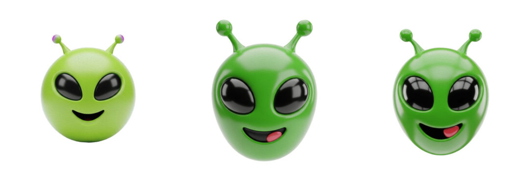 3D Smiling Alien Emoji Set - Realistic Glossy Green Extra-Terrestrial Character Clipart PNG