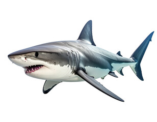 Obraz premium Shark in mid-swim with open jaws and sharp teeth, detailed gray-blue skin and streamlined body