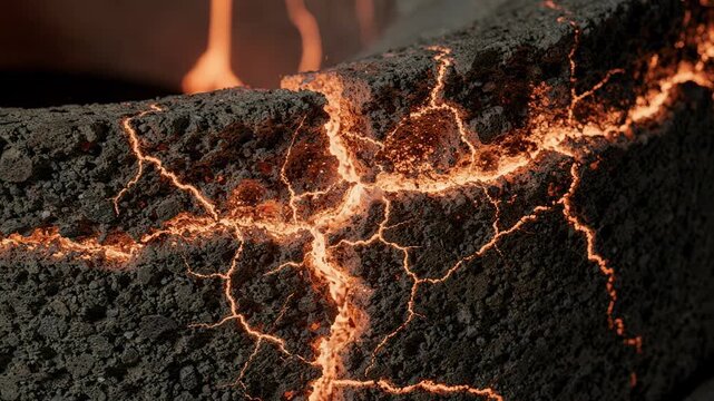Medium lens focus on active microcracks closing within hot refractory lining illustrating innovative selfrepair mechanisms in a furnaces thermal barrier.