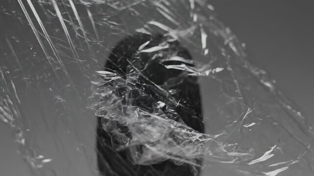 Close-up abstract texture of crinkled plastic wrap with light reflections and shadows