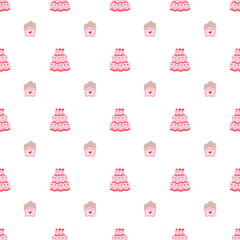 Seamless birthday cake pattern on transparent background, cute pink cupcake and tiered cake, romantic raster pastry background.