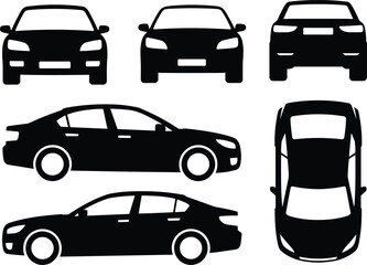 Obraz premium Vector Collection of Black Car Silhouettes Showing Front Side Back and Top View Perspectives Isolated on White Background for Automotive Design