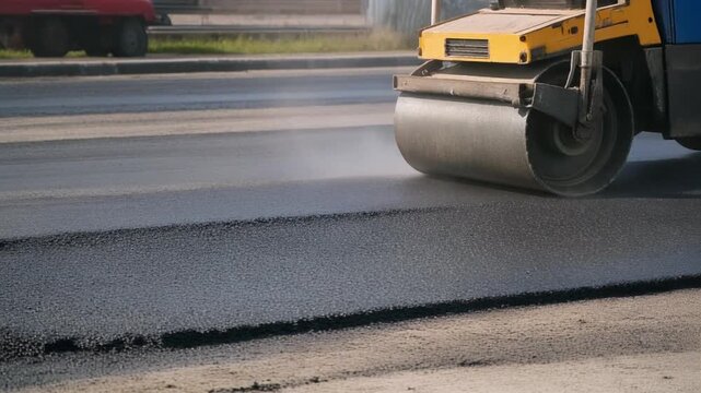 Road Roller Compacting Asphalt Surface.
